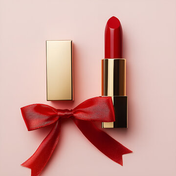 Czerwona szminka z nasadką i kokardą na r&oacute;żowym tle, elegancka kompozycja kosmetyczna, makijaż ust i pomysł na prezent.