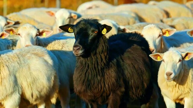 Black sheep standing out among white flock farm animal livestock wool domestic mammal agriculture rural nature difference individuality contrast standout herd curiosity