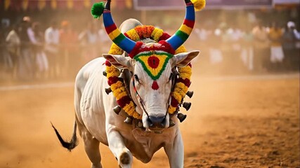 Fierce decorated bull jumping through a cloud of dust during Jallikattu festival, Tamil Nadu, an Indian bull sport for cultural blogs, event websites, and traditional articles.