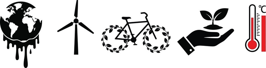 Set of black and white icons illustrates critical environmental challenges and sustainable solutions for global ecology awareness campaigns