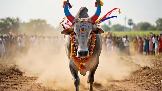 Low angle decorated Pongal celebrations bull running on dirt road, dust rising from hooves, colorful ribbons flying. Majestic Pongal celebrations bull charges forward,