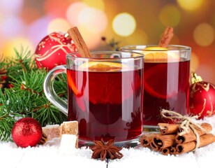 Festive mulled wine two glasses, cinnamon sticks, orange slices, greenery, ornaments, sugar on white snowy surface