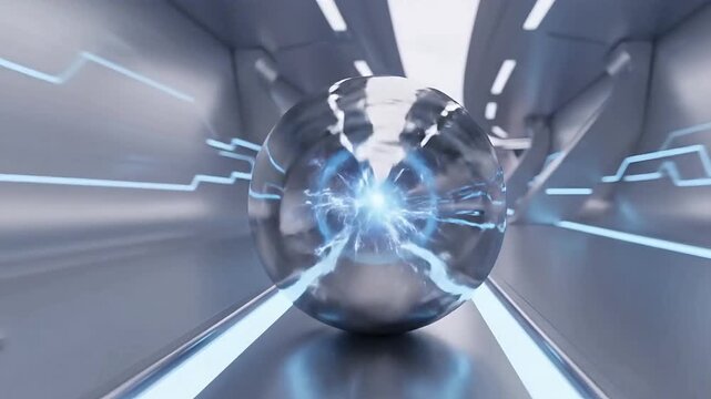 Futuristic liquid metal sphere moves forward on an abstract rail, with internal energy lightning, representing advanced technology and future transportation systems
