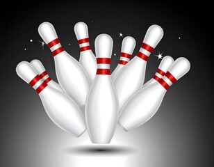 Group of shiny bowling pins clustered on a dark, radiating background, featuring red stripes and subtle sparkling effects