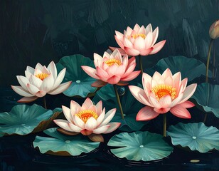 Group of soft pink & white lotuses, yellow stamens, green lily pads, against dark painted background