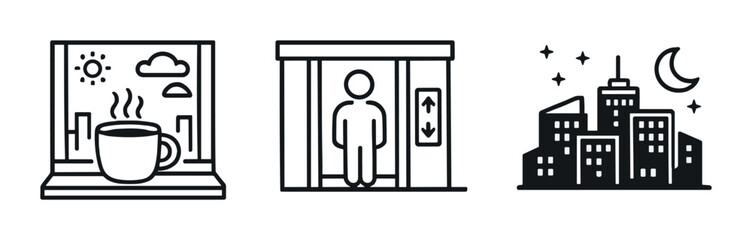 Obraz premium Minimalist urban icons: coffee, elevator, cityscape
