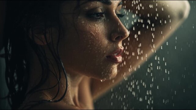 Intimate portrait of a woman's face as refreshing water streams over her, symbolizing purity and rejuvenation