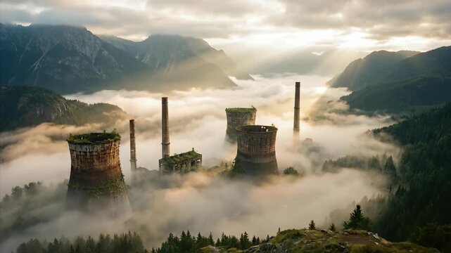 Abandoned industrial chimneys rising through mist in mountain valley. Sci-fi dystopian landscape of ruined factory structures in foggy wilderness for futuristic apocalypse narratives.