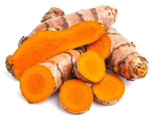 Group of turmeric rhizomes, sliced and whole, show vibrant orange interior against their rough, tan skin