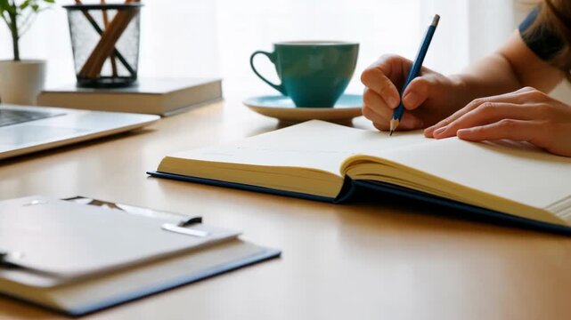 Business work concept with laptop, notebook and hand writing notes at desk. Symbol of productivity, planning, professional workflow, remote work and modern business video content creation.