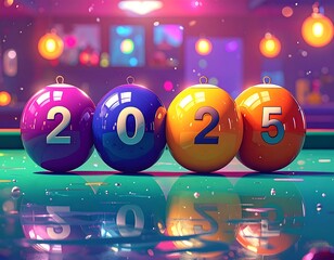 Four colorful balls with numbers "2025" displayed on a pool table reflecting in the water