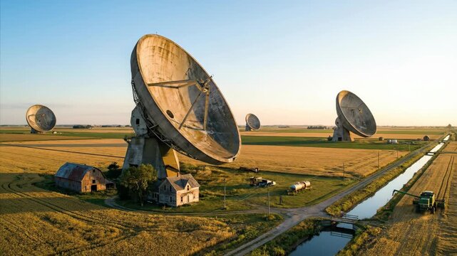 Aerial pan over abandoned satellite dish array in rural wheat field. Oversized parabolic antennas near farmhouse and canal. Sci-fi scene of forgotten space observatory in countryside landscape.