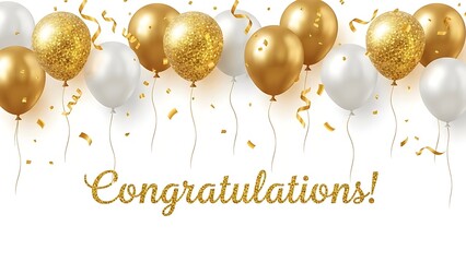 Festive congratulations card with golden balloons and confetti