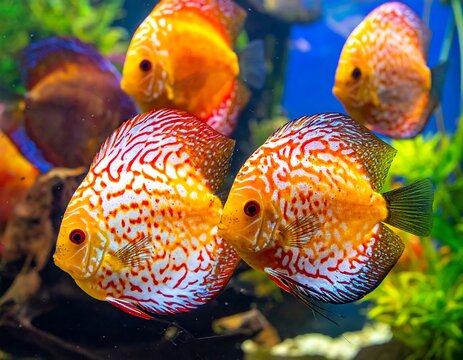 Group of vibrant orange and red patterned discus fish swim in a lush freshwater aquarium