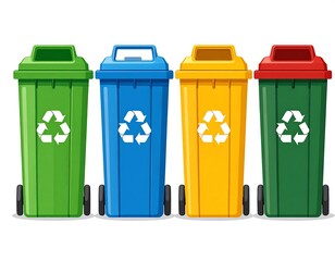 Four colorful recycle bins standing in a row with recycle symbols on each