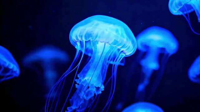 Bioluminescent jellyfish swimming in deep dark ocean water glowing ethereal blue light marine life underwater aquarium display vibrant aquatic fauna mysterious deep sea creatures glowing organisms bea