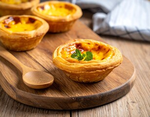 Egg tarts on wooden board, a small spoon and a cloth complete still life arrangement