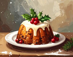 Festive pudding, frosted and garnished with holly & berries, sits on a plate, painted in a loose, warm style