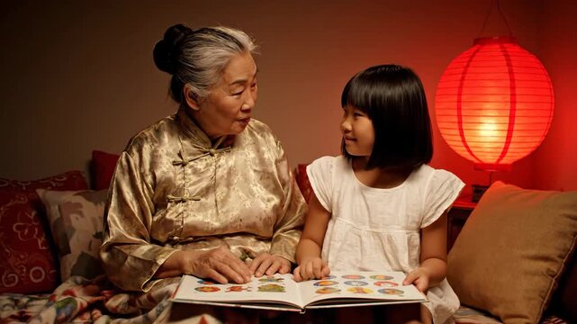 Chinese New Year Storytelling: Grandmother and Child Reading a Book