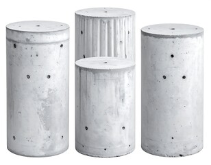 Four concrete cylinders of varying heights stand isolated against a white background in a studio setting