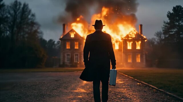 Man in hat and coat walking away from burning mansion with briefcase. Mysterious nighttime departure from fiery scene. Noir style escape and arson concept.