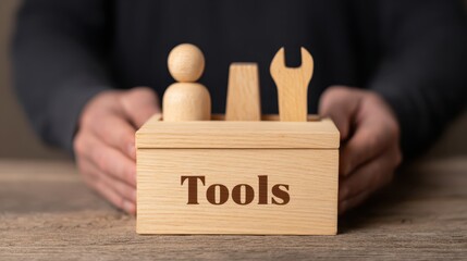 Upskilling workshop wooden figure with toolbox in a creative skill development environment