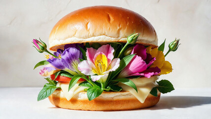 Surreal gourmet burger concept where fresh colorful flowers replace traditional ingredients