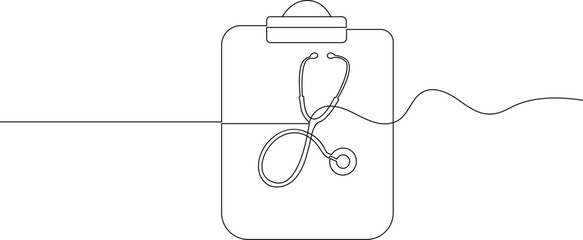 Continuous one line drawing of a medical stethoscope on a clipboard for healthcare concept