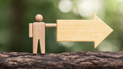 Wooden figure holding impact sign near fallen tree nature scene meaningful standard concept for environmental awareness