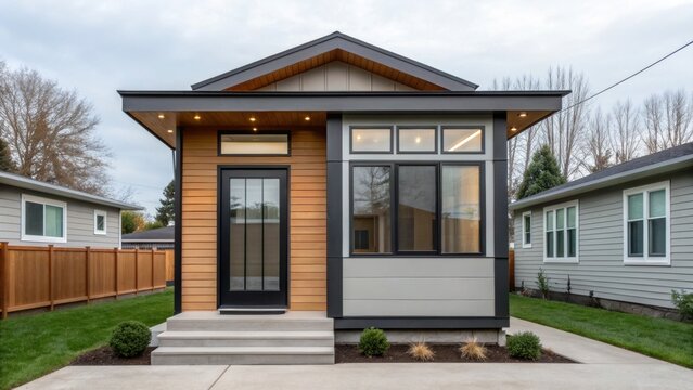adu+housing Modern home design featuring a stylish exterior with large windows and a welcoming entrance.