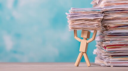Wooden figure struggling under stacked tax documents in business environment focused on administrative burden