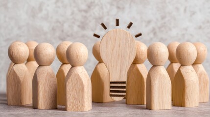 Fostering innovation culture wooden figures surrounding lightbulb icon in creative business environment