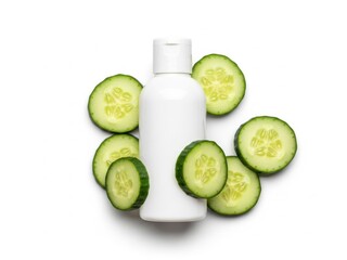 Cucumber slices and bottle isolated on white background