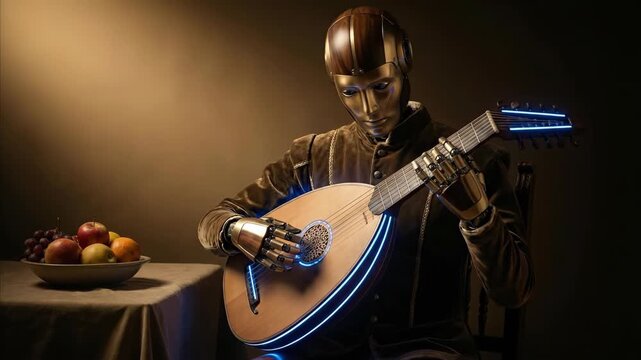 Android musician plays ancient oud instrument in still life setting. Robotic figure strums strings beside fruits bowl. Futuristic blend of technology and classical music performance