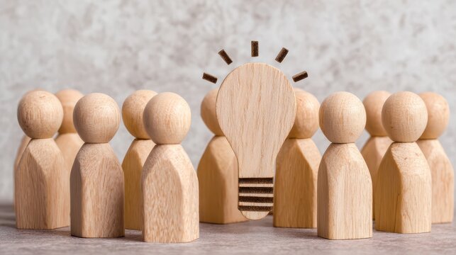 Fostering innovation culture wooden figures surrounding lightbulb icon in creative business environment