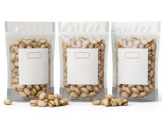 Three bags of pistachios isolated on white background