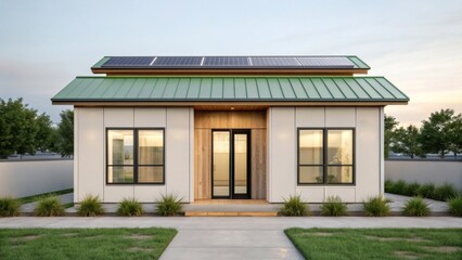 adu+housing Modern house with a green roof, large windows, and a welcoming entrance amidst landscaped surroundings.
