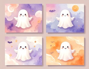 Four cute, cartoonish ghost characters are set against pastel skies