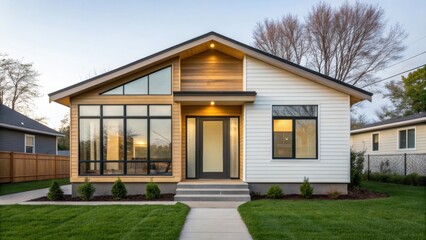 adu+housing Modern house design with large windows and a welcoming entrance, set in a green environment.