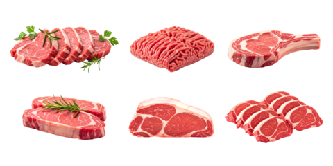 Raw cuts of beef isolated on transparent background