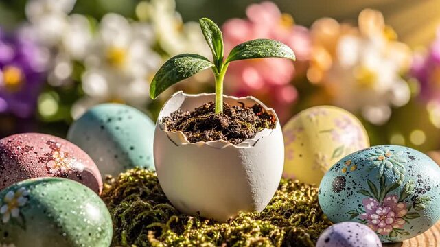 A delicate green seedling emerges from a cracked eggshell, surrounded by colorful painted Easter eggs and vibrant flowers in a sunlit garden, symbolizing new beginnings and springtime joy