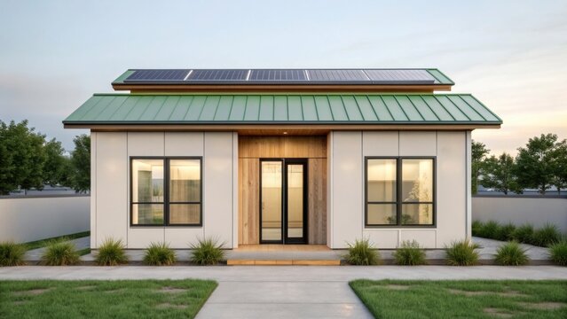 adu+housing Modern house with a green roof, large windows, and a welcoming entrance amidst landscaped surroundings.
