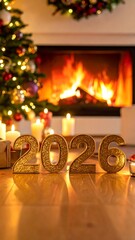 Festive scene with a fireplace, Christmas tree, candles, gifts, and gold numbers '2026' on a reflective floor
