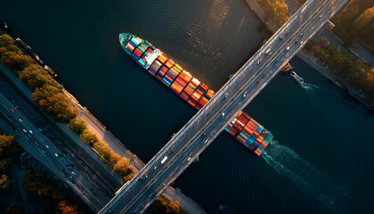 Transport concept with an aerial overhead view of a very big container super cargo ship passing under a bridge with car traffic