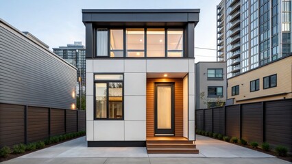 adu+housing Modern minimalist house with sleek design and large windows, surrounded by urban landscaping.