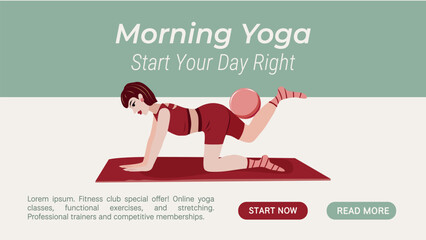 Morning yoga web banner with woman practicing cat cow pose on mat. Flat illustration for yoga classes, mindfulness websites, wellness apps and healthy lifestyle concepts.
