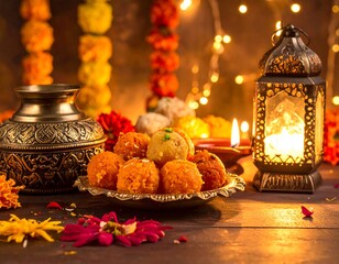 Festive spread sweets, an ornate lamp, and colorful flower garlands illuminate a warm, celebratory ambiance