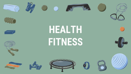 Health and fitness web banner with frame made of sports equipment. Flat vector illustration for workout websites, wellness platforms and fitness promotions.