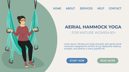 Aerial hammock yoga web banner with senior woman exercising. Flat illustration for fitness programs for elderly, wellness centers, rehabilitation and healthy aging concepts.