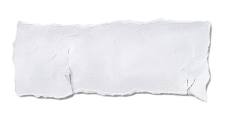 Isolated white torn paper strip with rough, textured edges, casting a soft shadow on a clean white background, perfect for messages, notes, or design elements requiring a rustic touch.